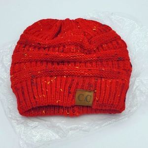 C.C Ponytail Red Confetti Beanie Hat NWT